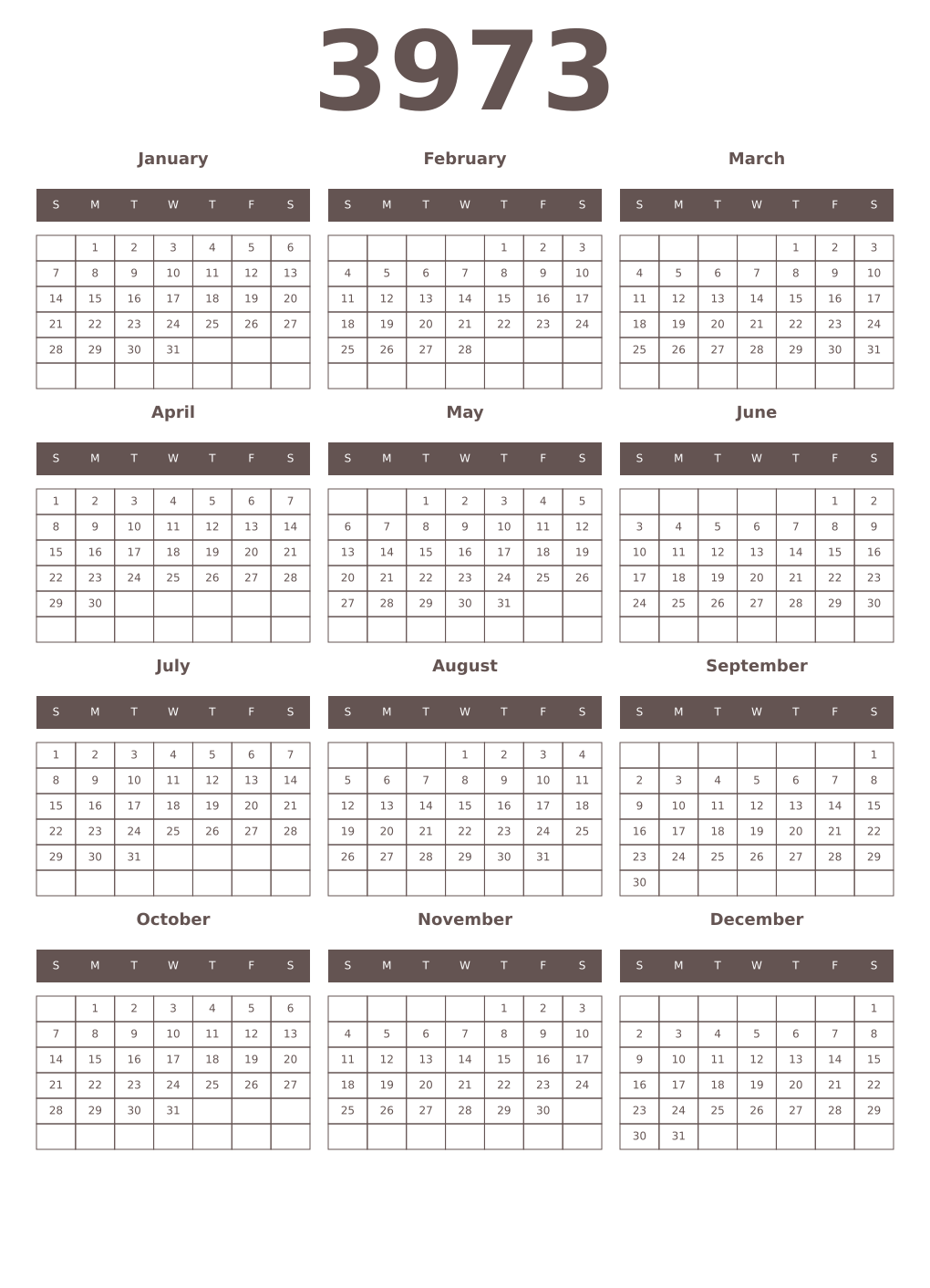 Printable 3973 Year Calendars wenge