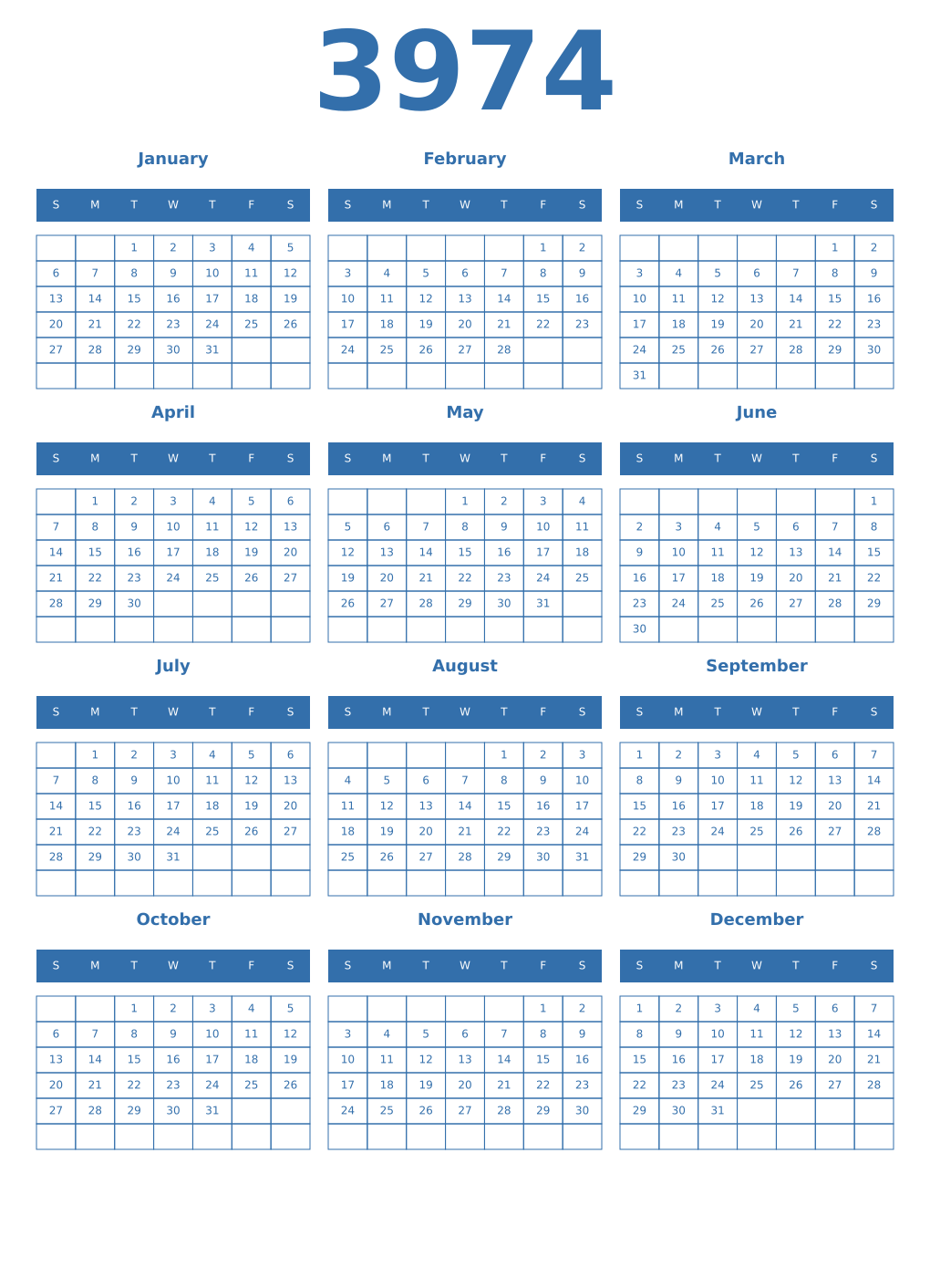 Printable 3974 Year Calendars blue
