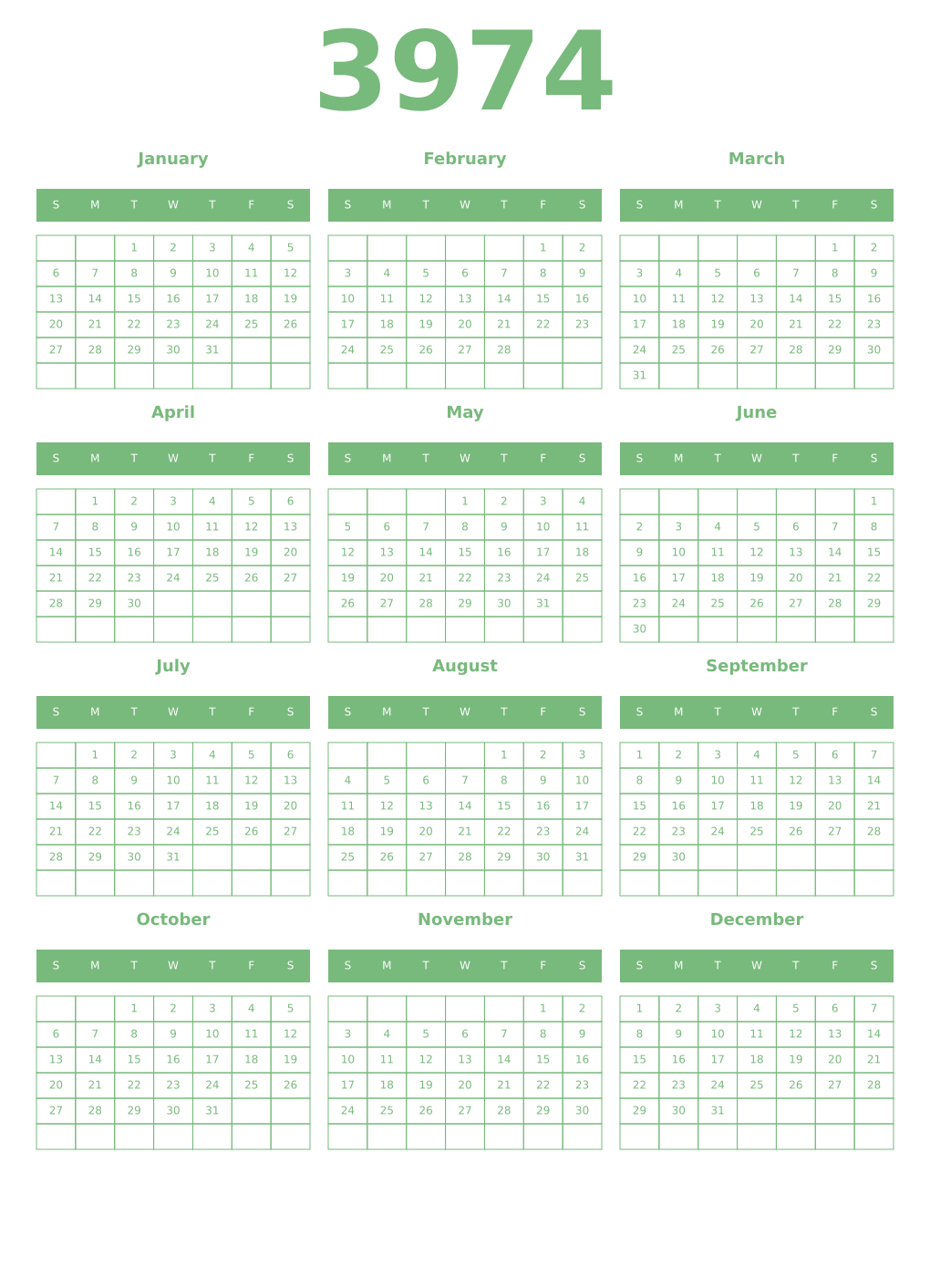 Printable 3974 Year Calendars celadon