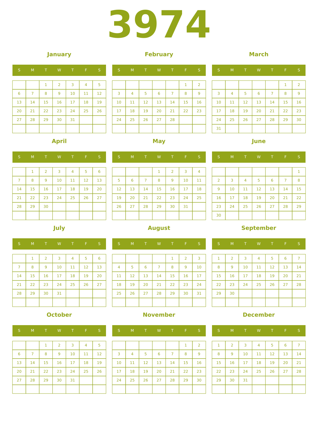 Printable 3974 Year Calendars chartreuse