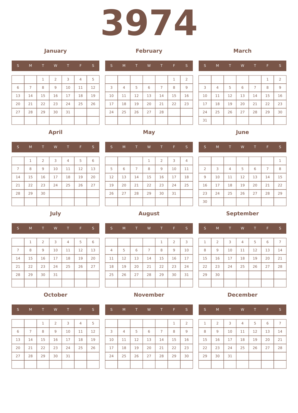 Printable 3974 Year Calendars coffe