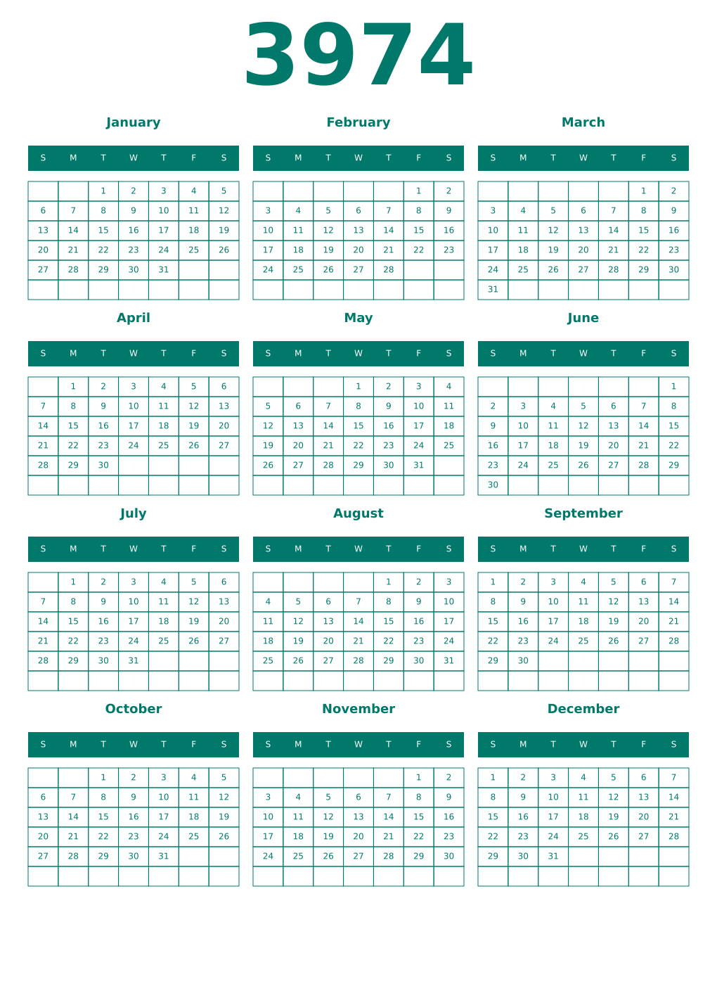 Printable 3974 Year Calendars pastel