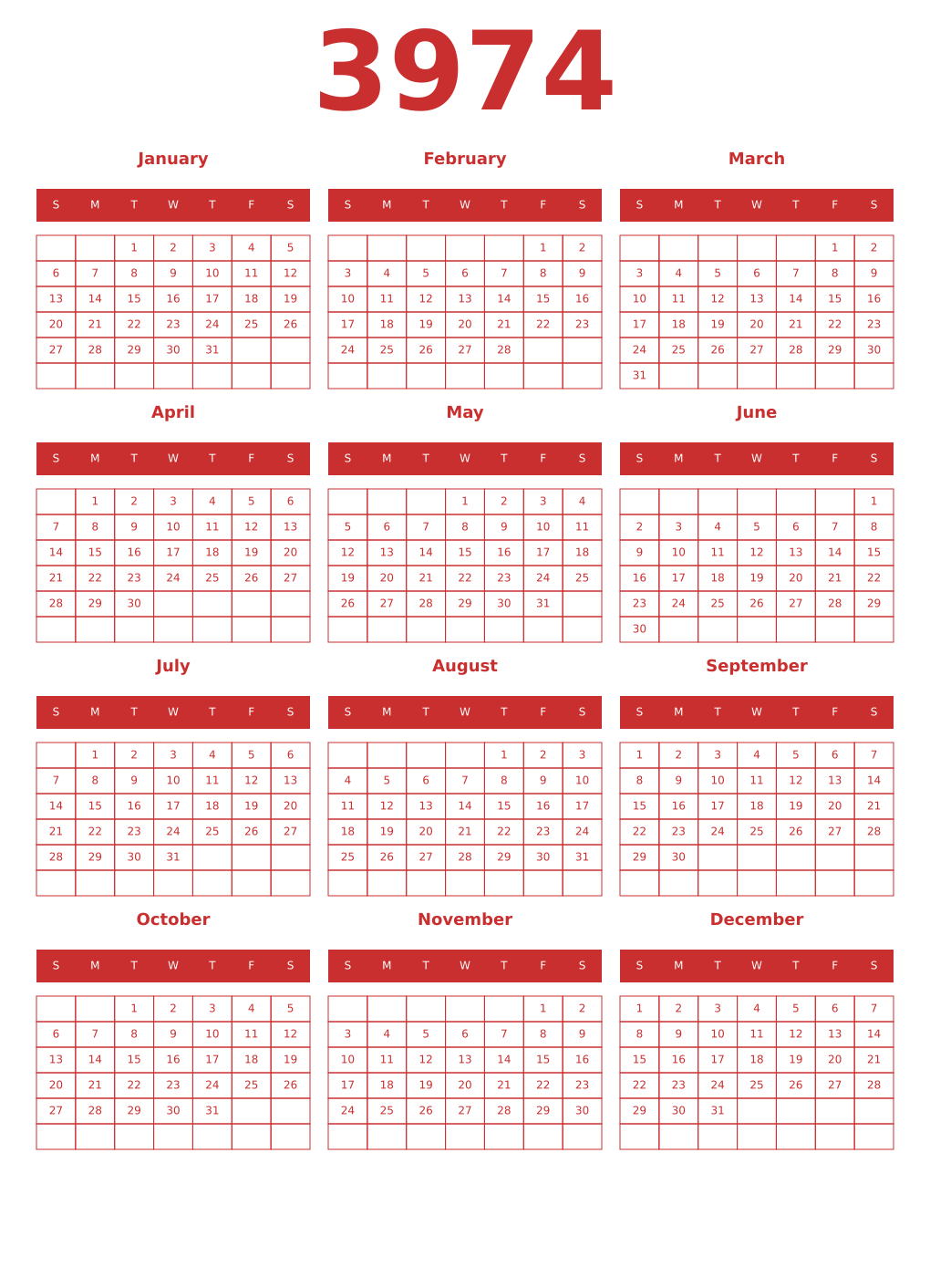 Printable 3974 Year Calendars red