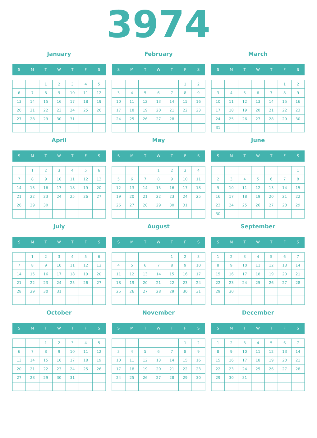 Printable 3974 Year Calendars verdigris