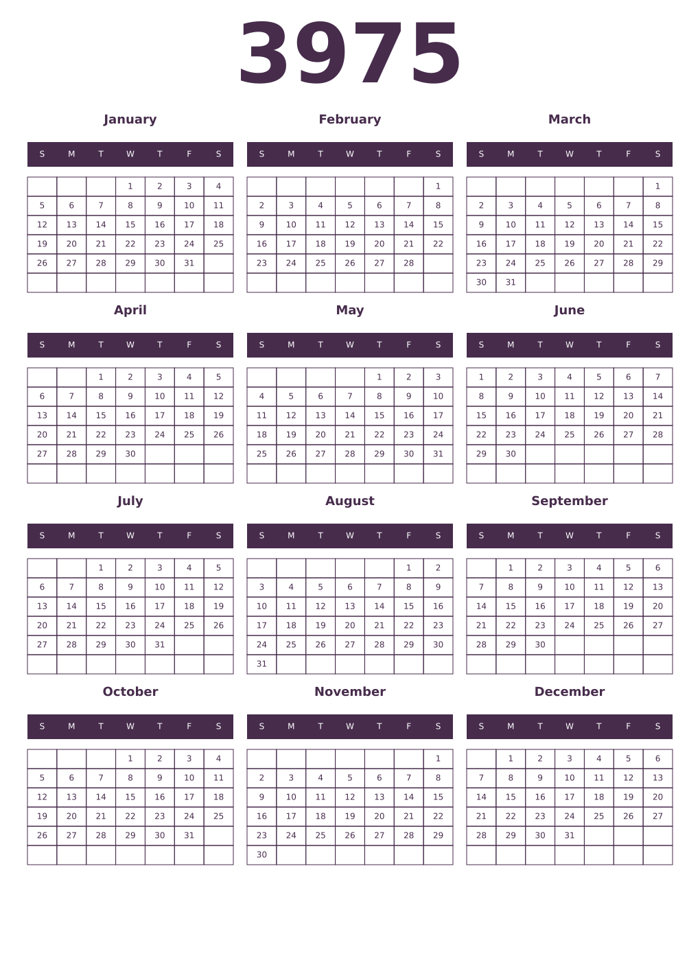 Printable 3975 Year Calendars aubergine