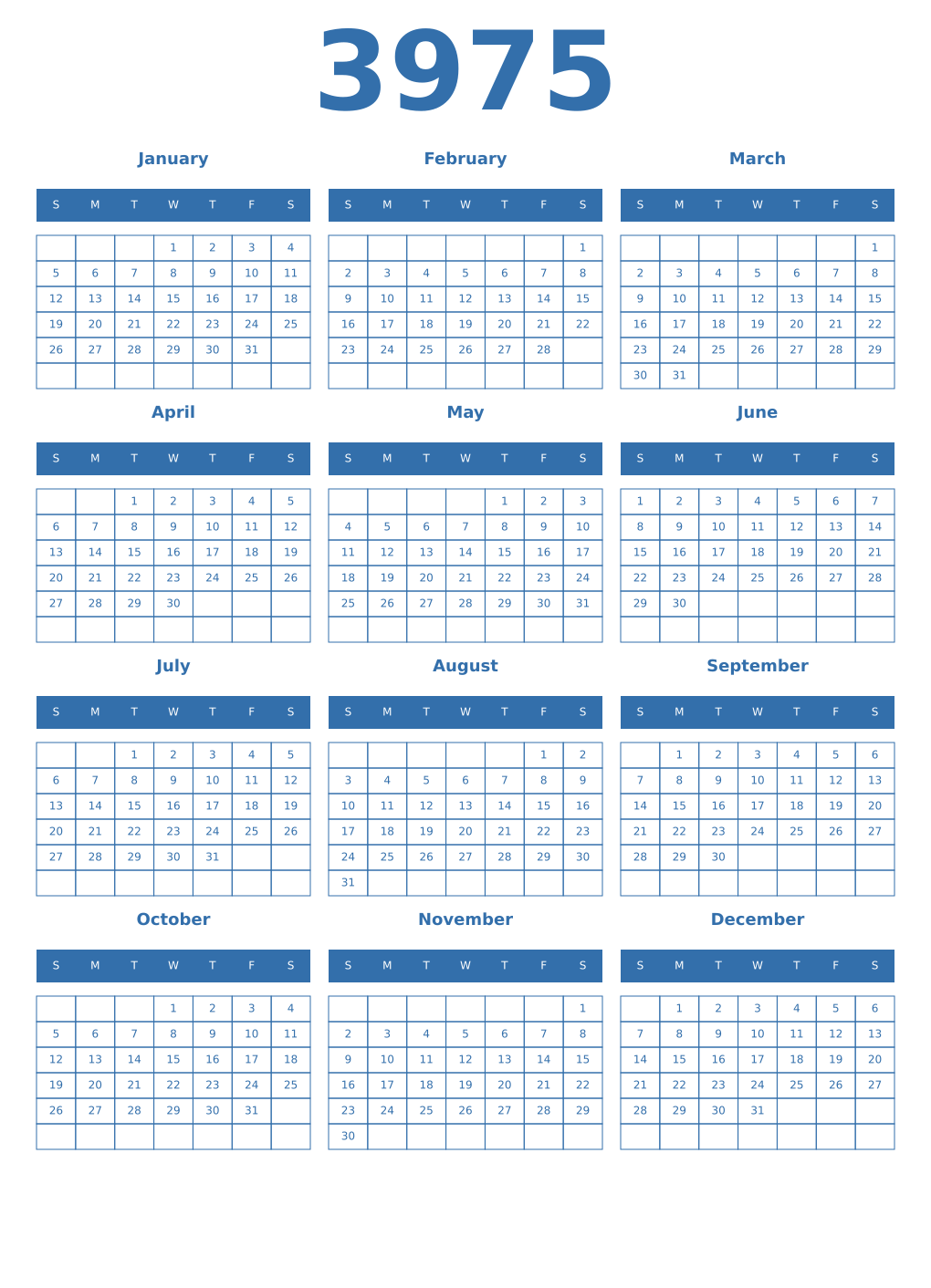 Printable 3975 Year Calendars blue