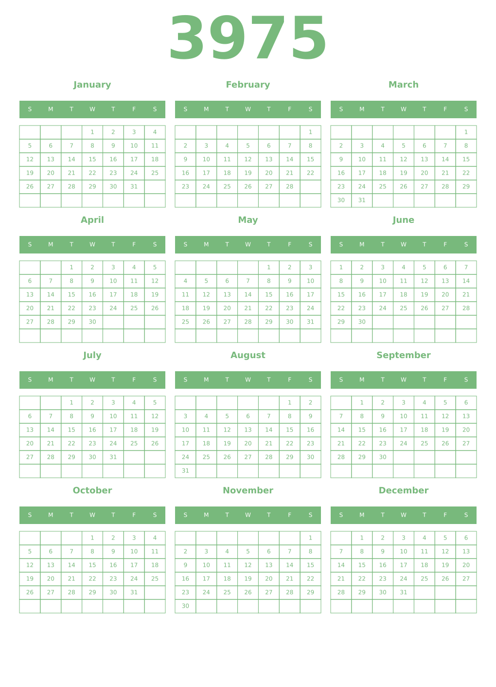 Printable 3975 Year Calendars celadon
