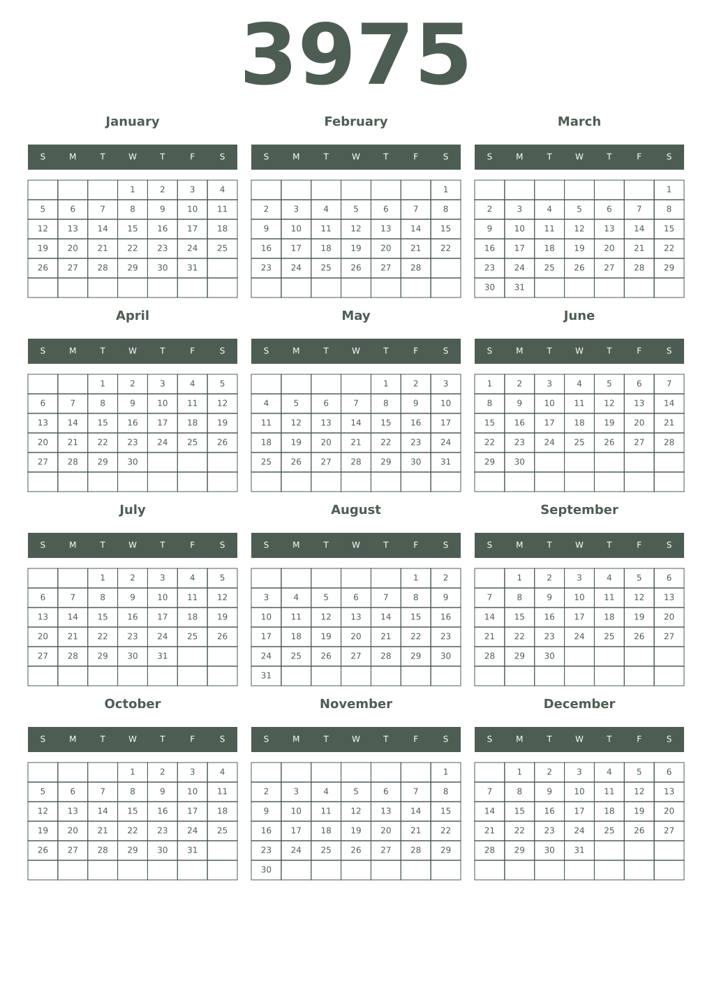 Printable 3975 Year Calendars feldgrau