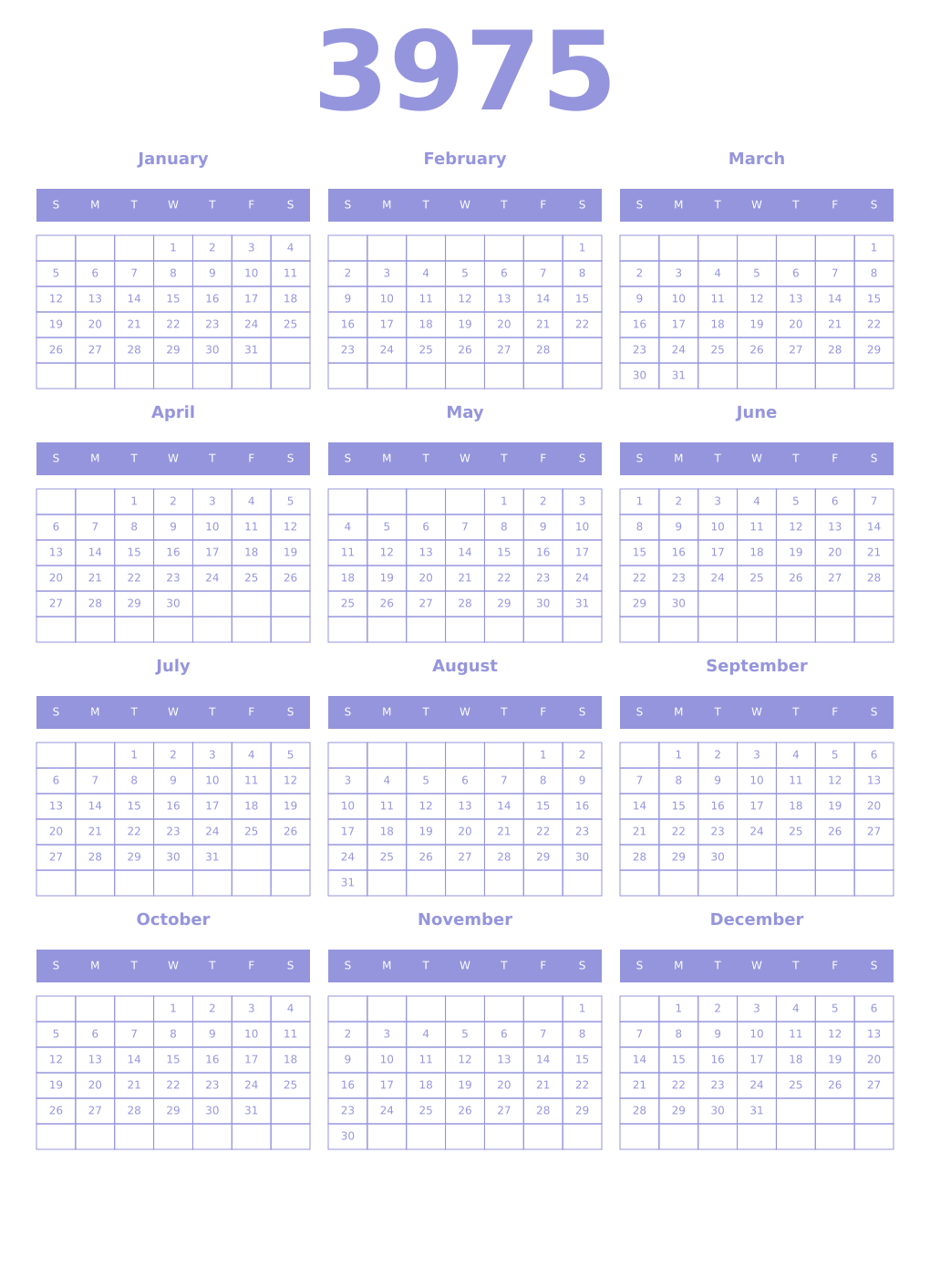 Printable 3975 Year Calendars periwinkle