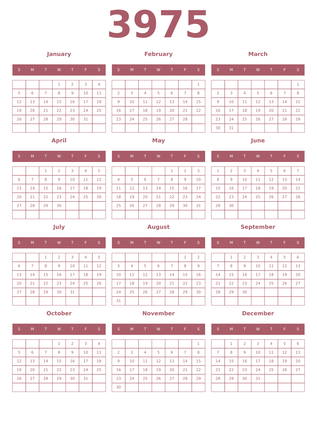 Printable 3975 Year Calendars puce