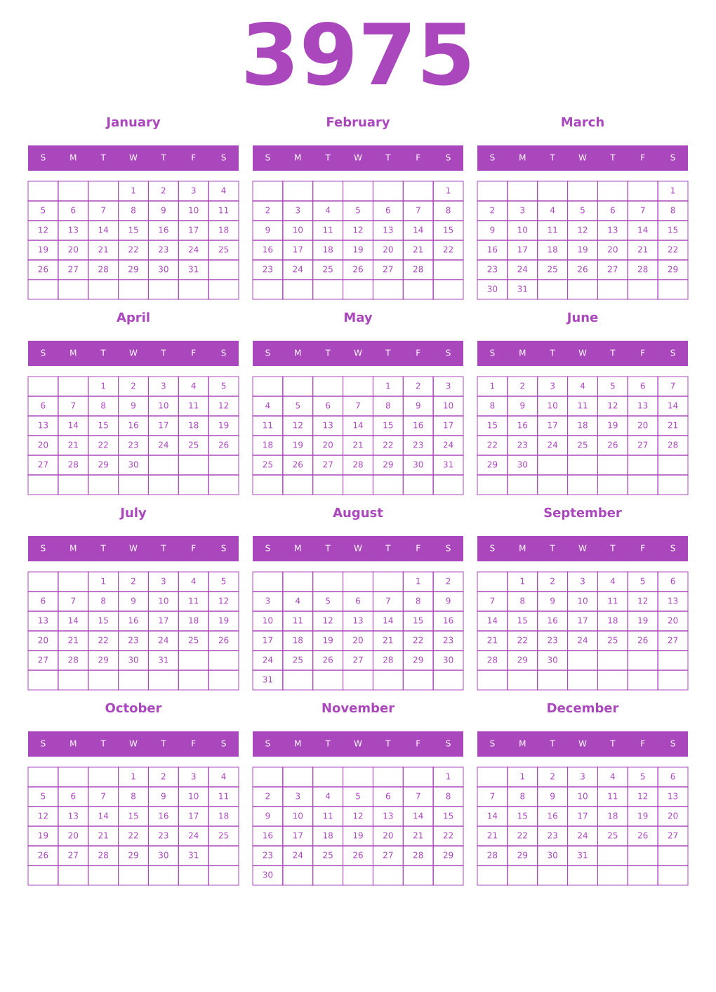 Printable 3975 Year Calendars purple