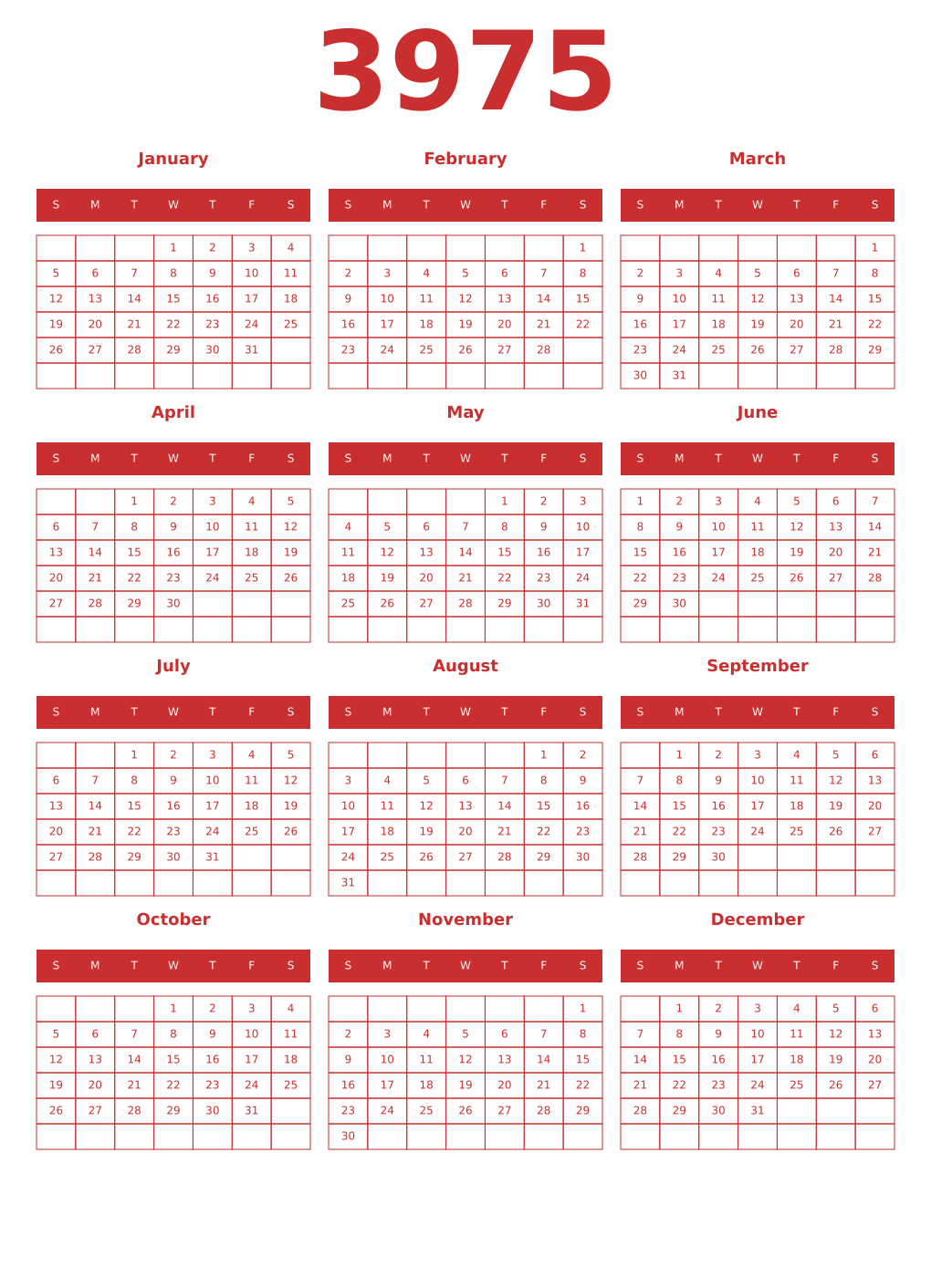 Printable 3975 Year Calendars red