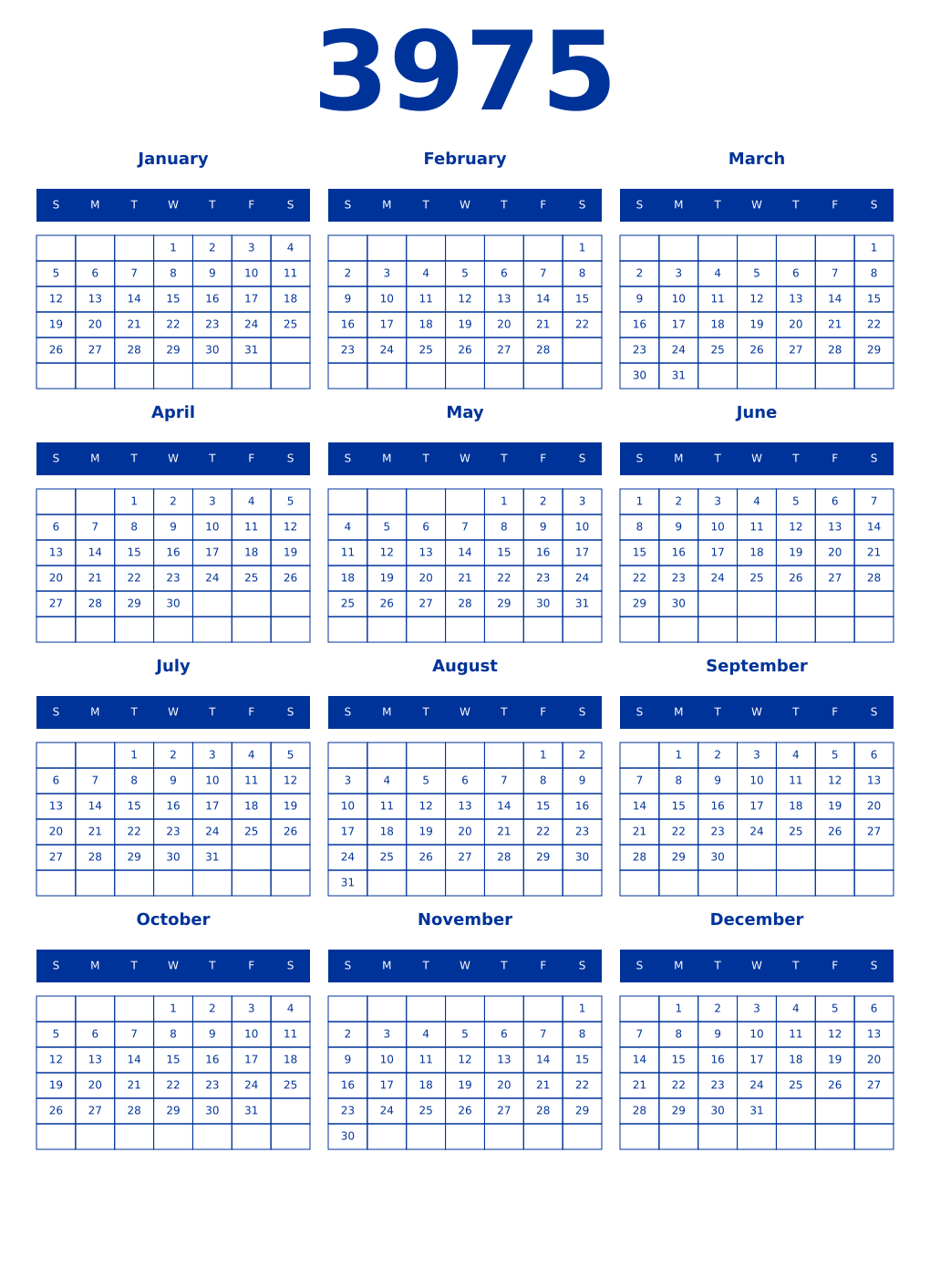 Printable 3975 Year Calendars smalt