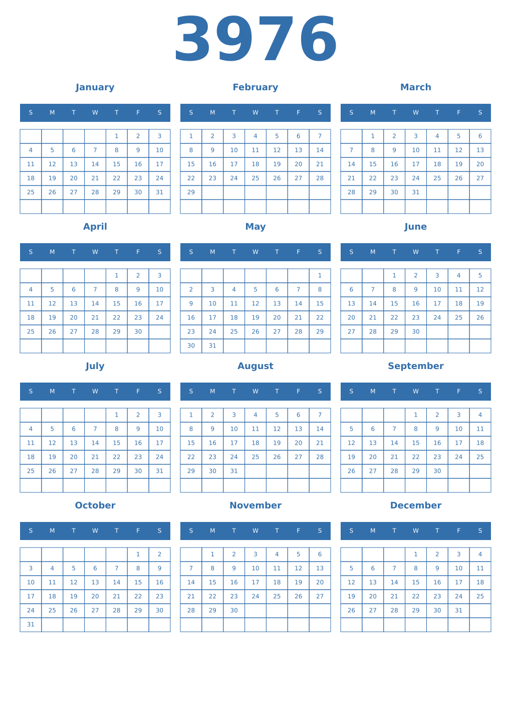 Printable 3976 Year Calendars blue