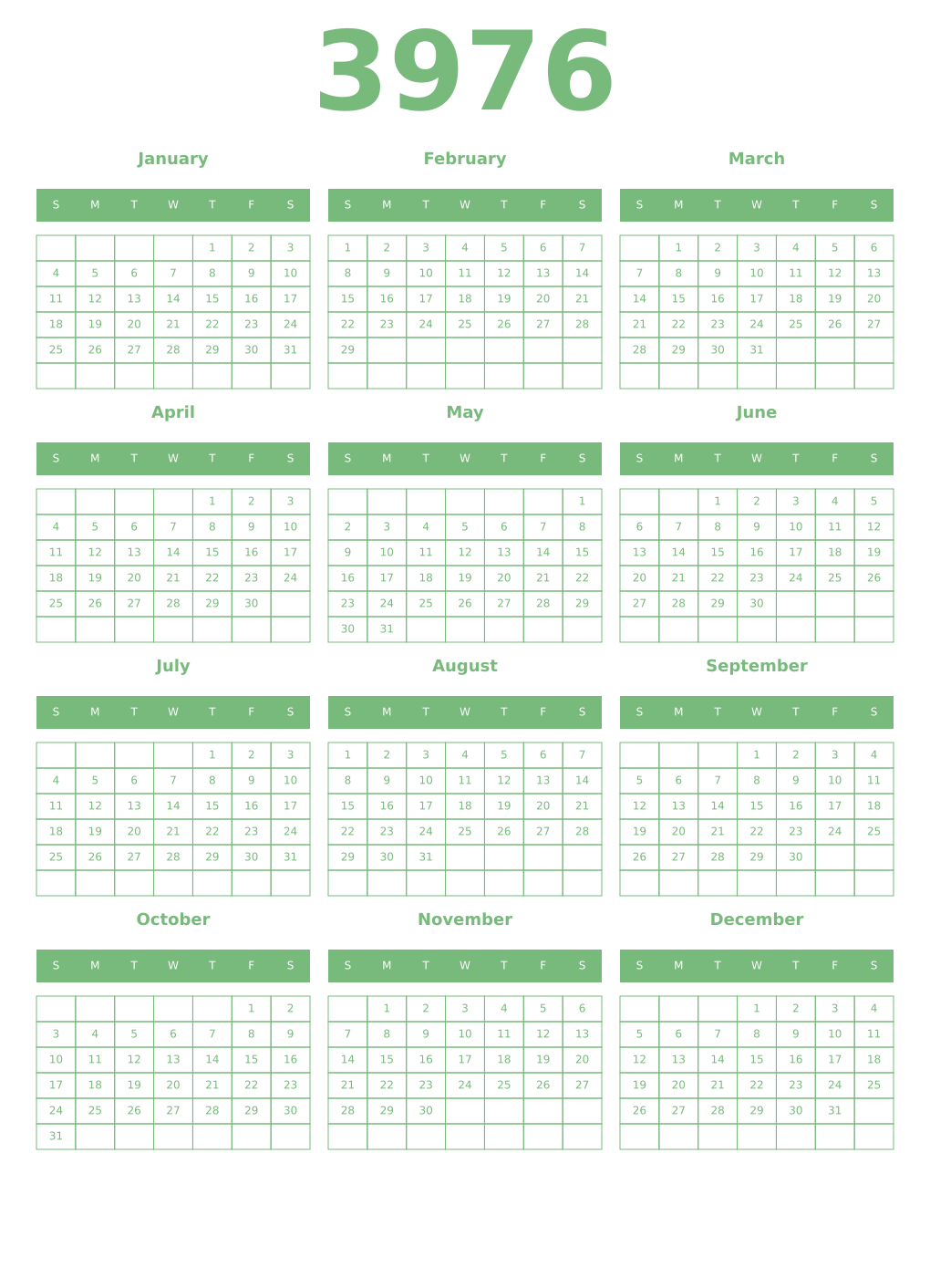 Printable 3976 Year Calendars celadon