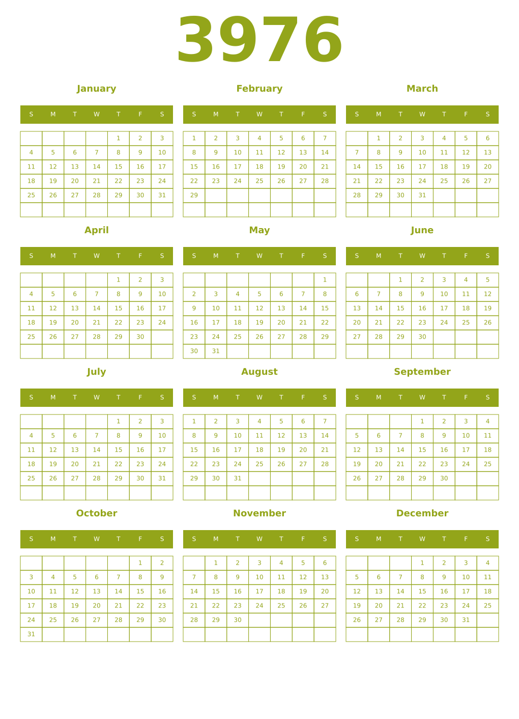 Printable 3976 Year Calendars chartreuse