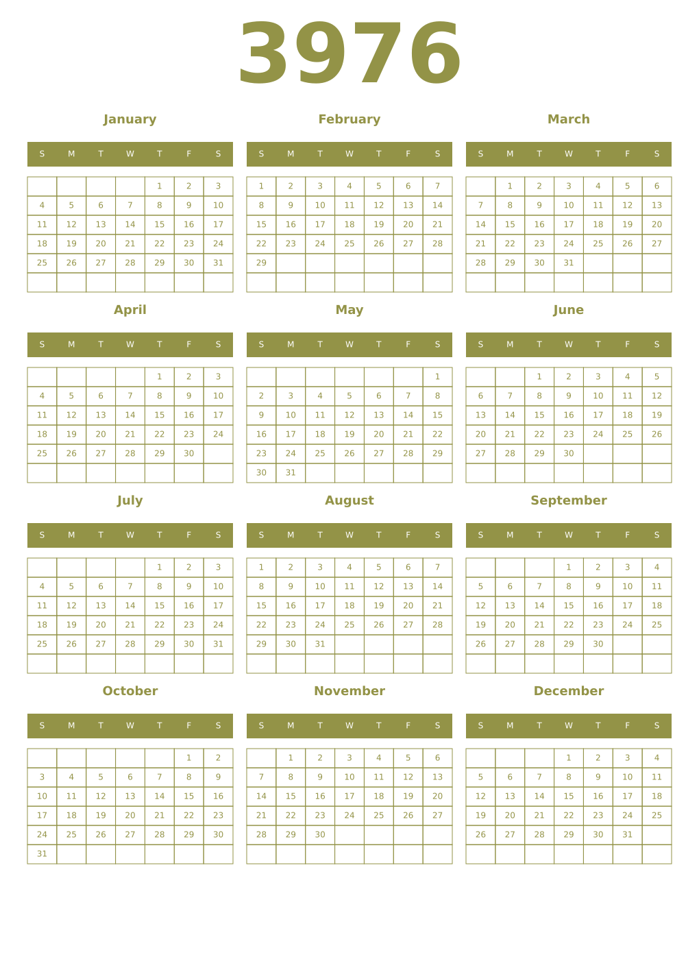 Printable 3976 Year Calendars eburnean