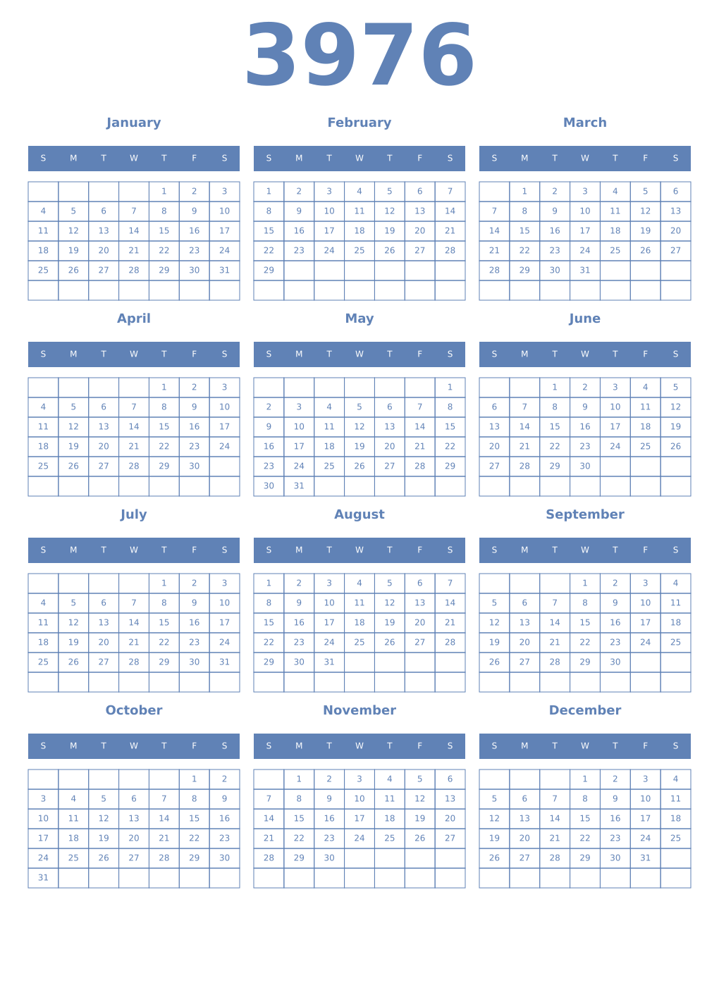 Printable 3976 Year Calendars glaucous