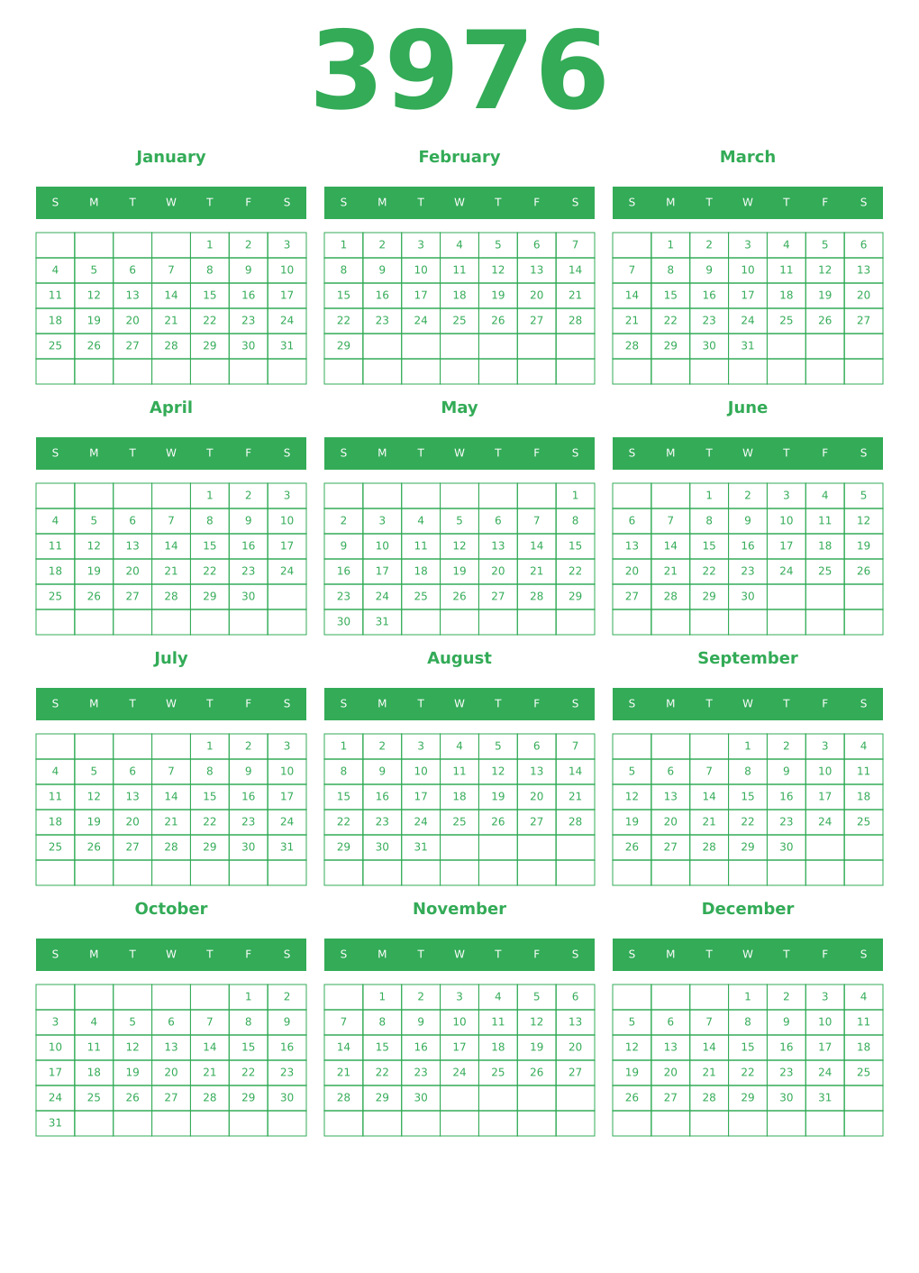 Printable 3976 Year Calendars green