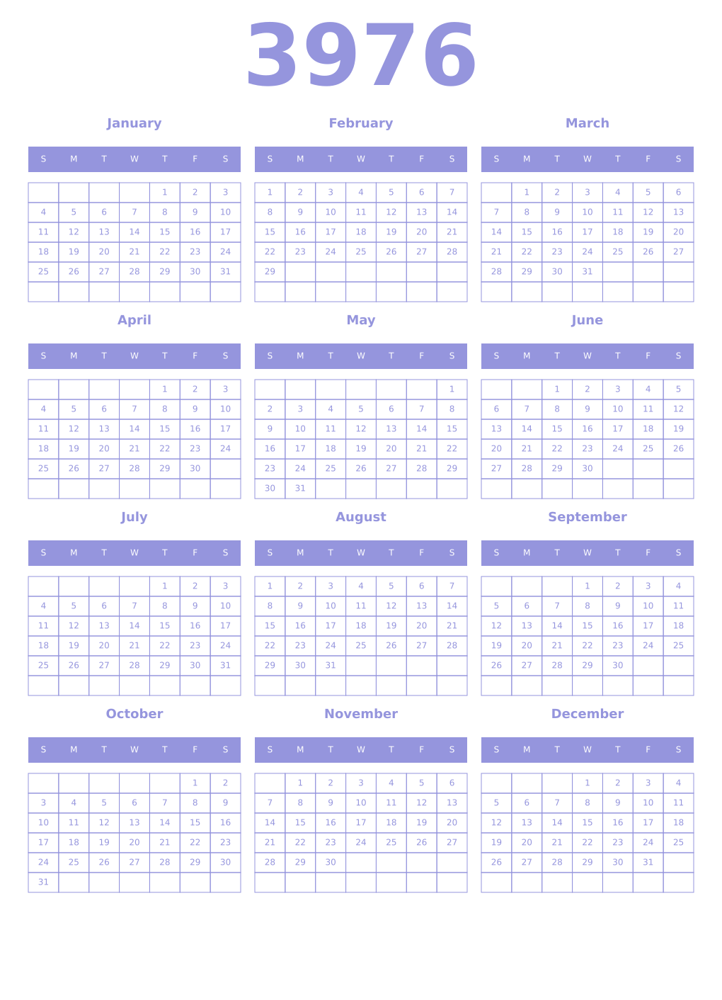Printable 3976 Year Calendars periwinkle