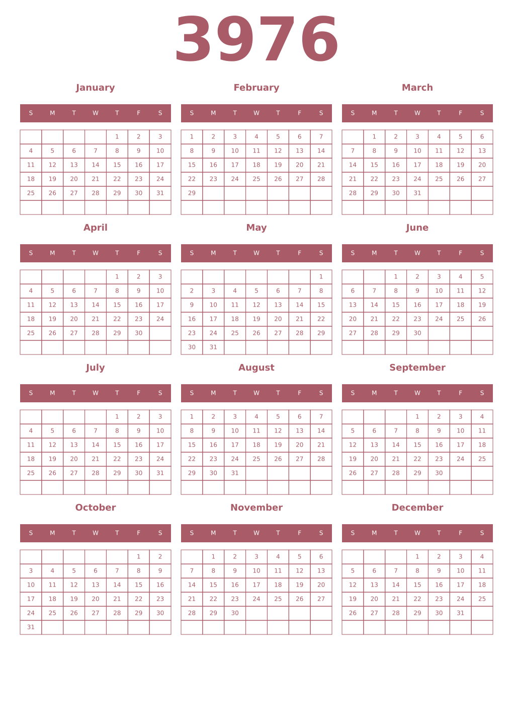 Printable 3976 Year Calendars puce