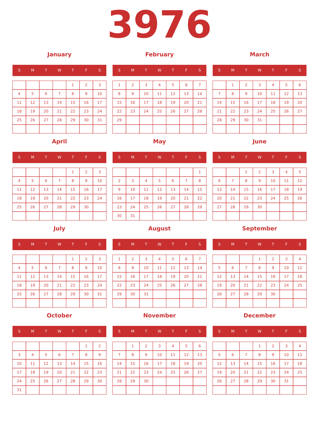 Printable 3976 Year Calendars red