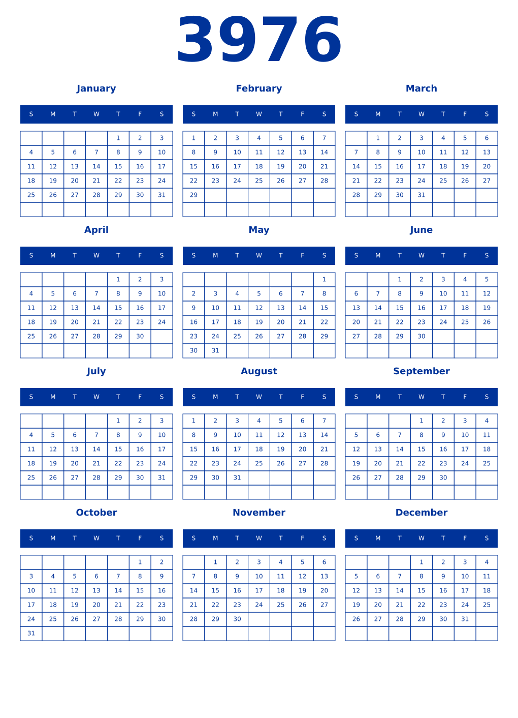 Printable 3976 Year Calendars smalt