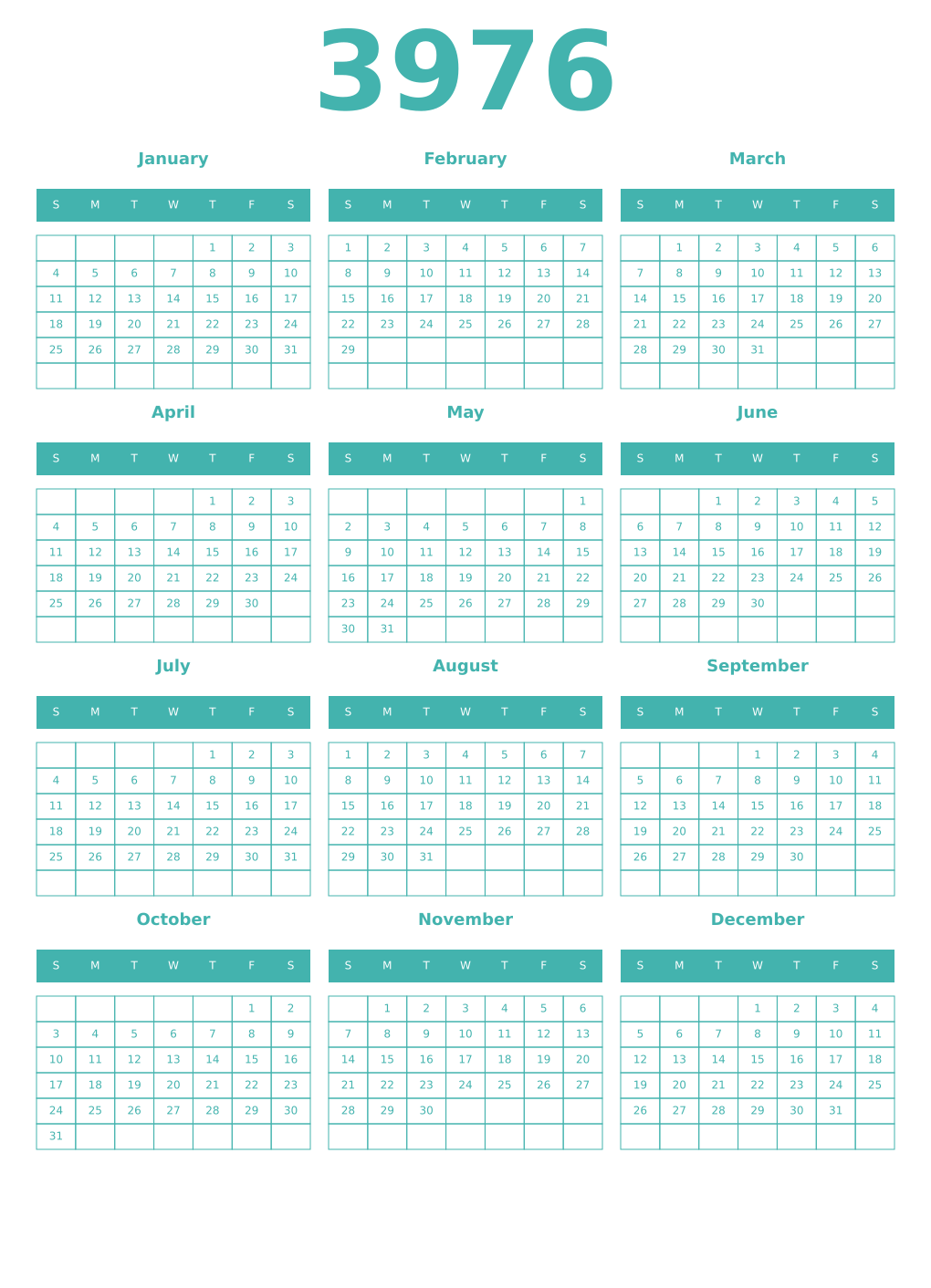 Printable 3976 Year Calendars verdigris