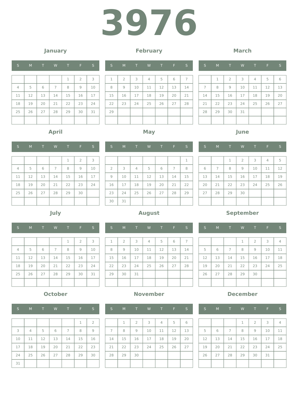 Printable 3976 Year Calendars xanadu