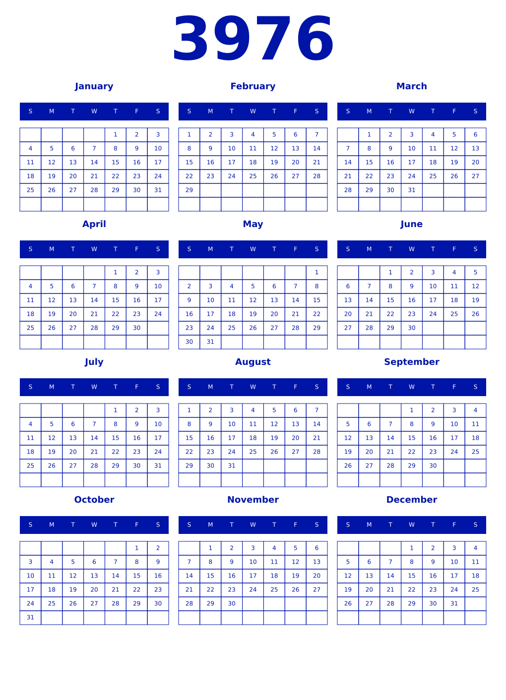 Printable 3976 Year Calendars zaffre