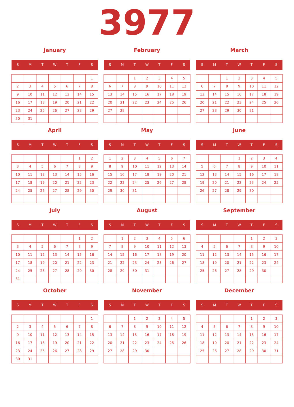 Printable 3977 Year Calendars red