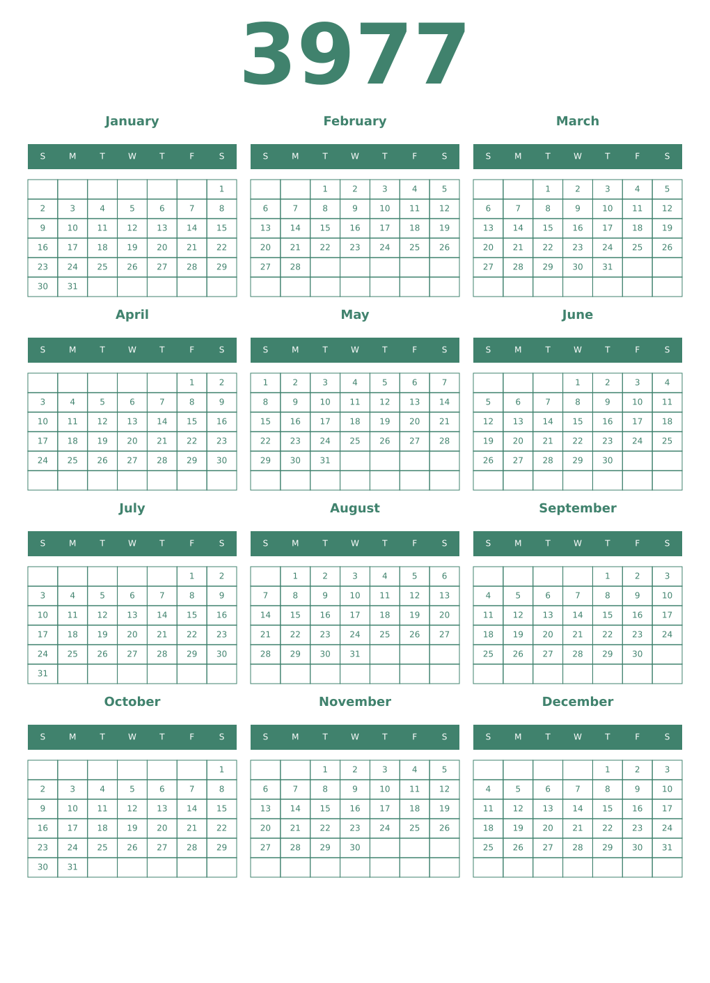 Printable 3977 Year Calendars viridian