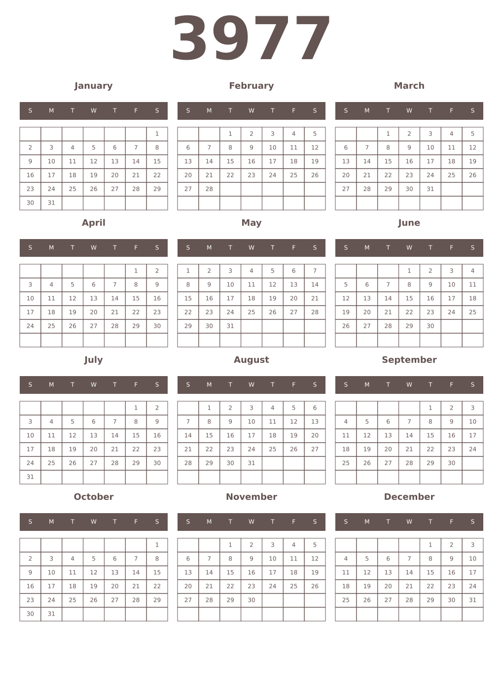 Printable 3977 Year Calendars wenge
