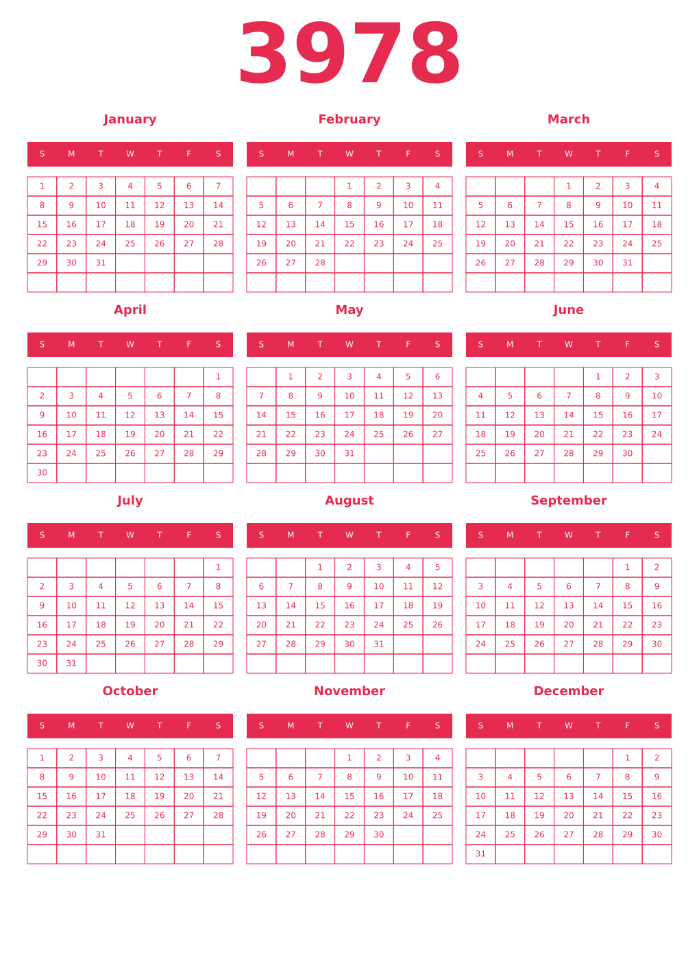 Printable 3978 Year Calendars amaranth