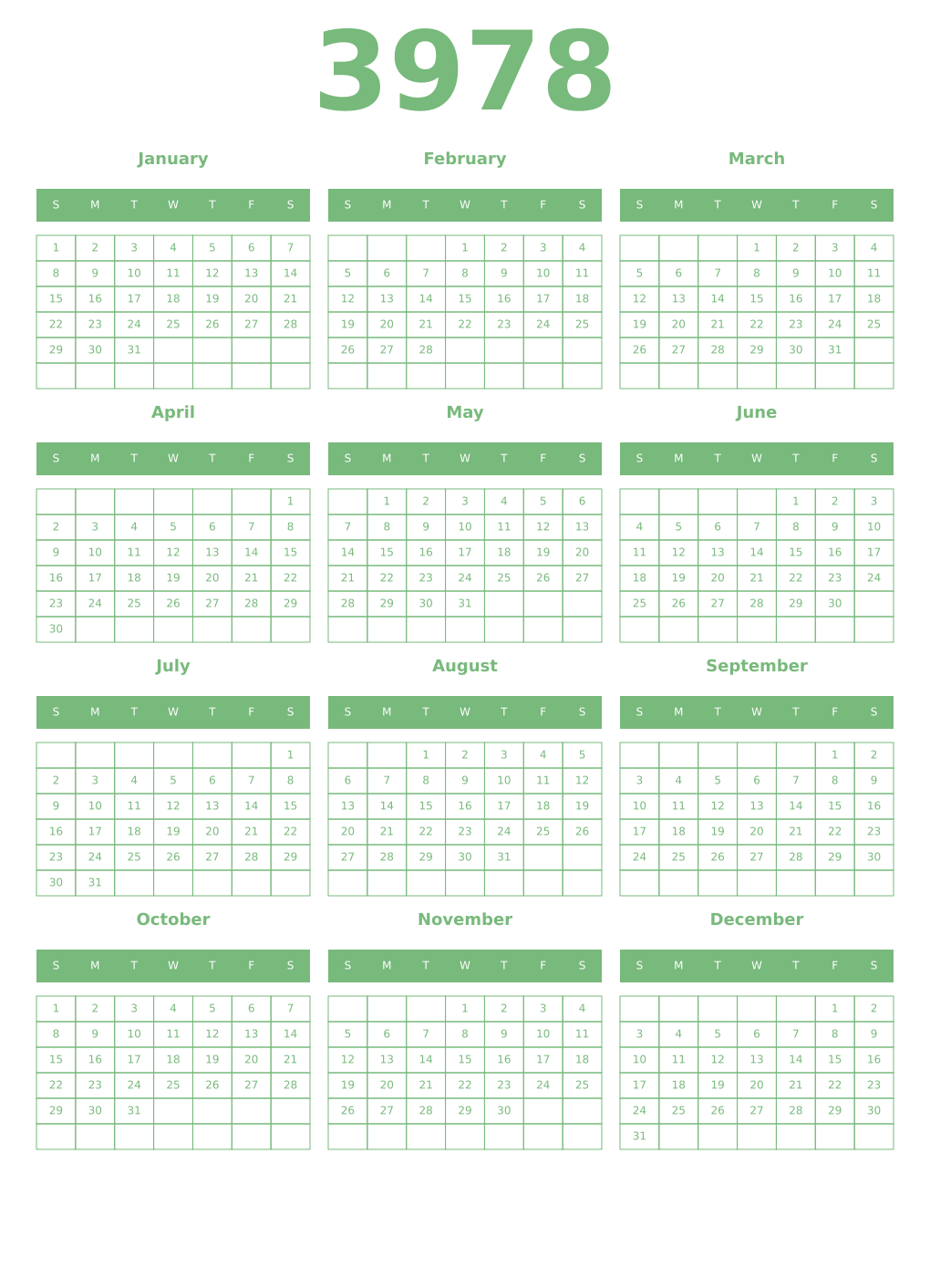 Printable 3978 Year Calendars celadon