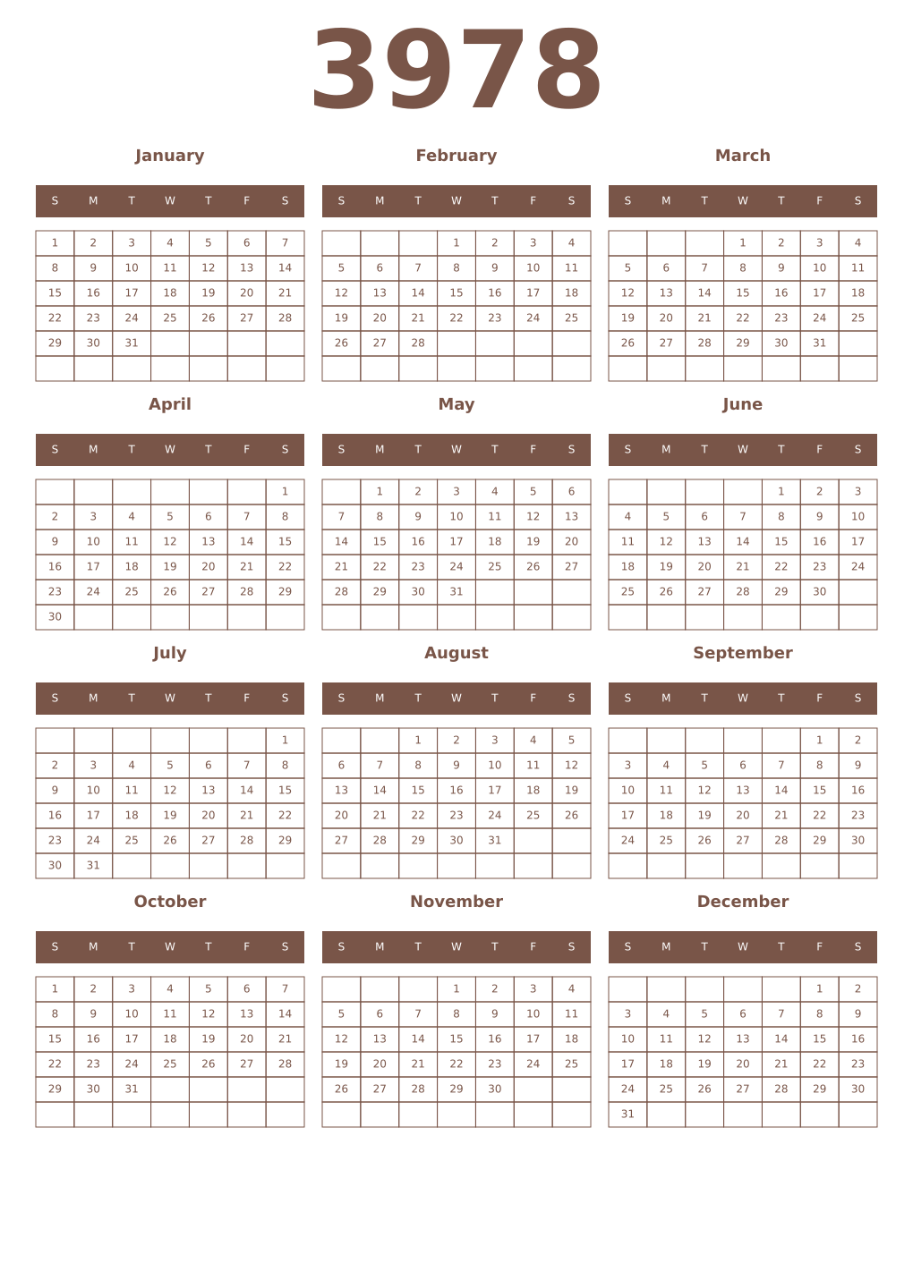 Printable 3978 Year Calendars coffe