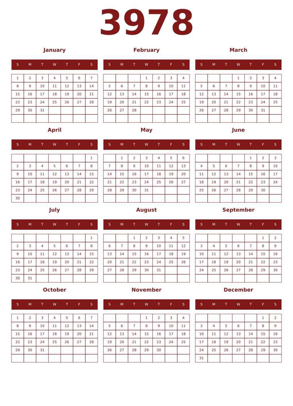 Printable 3978 Year Calendars falu