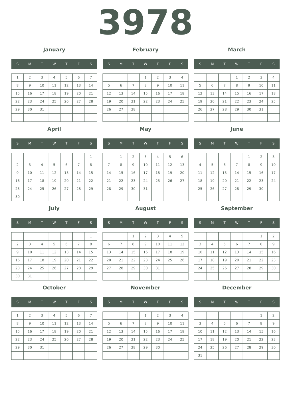 Printable 3978 Year Calendars feldgrau