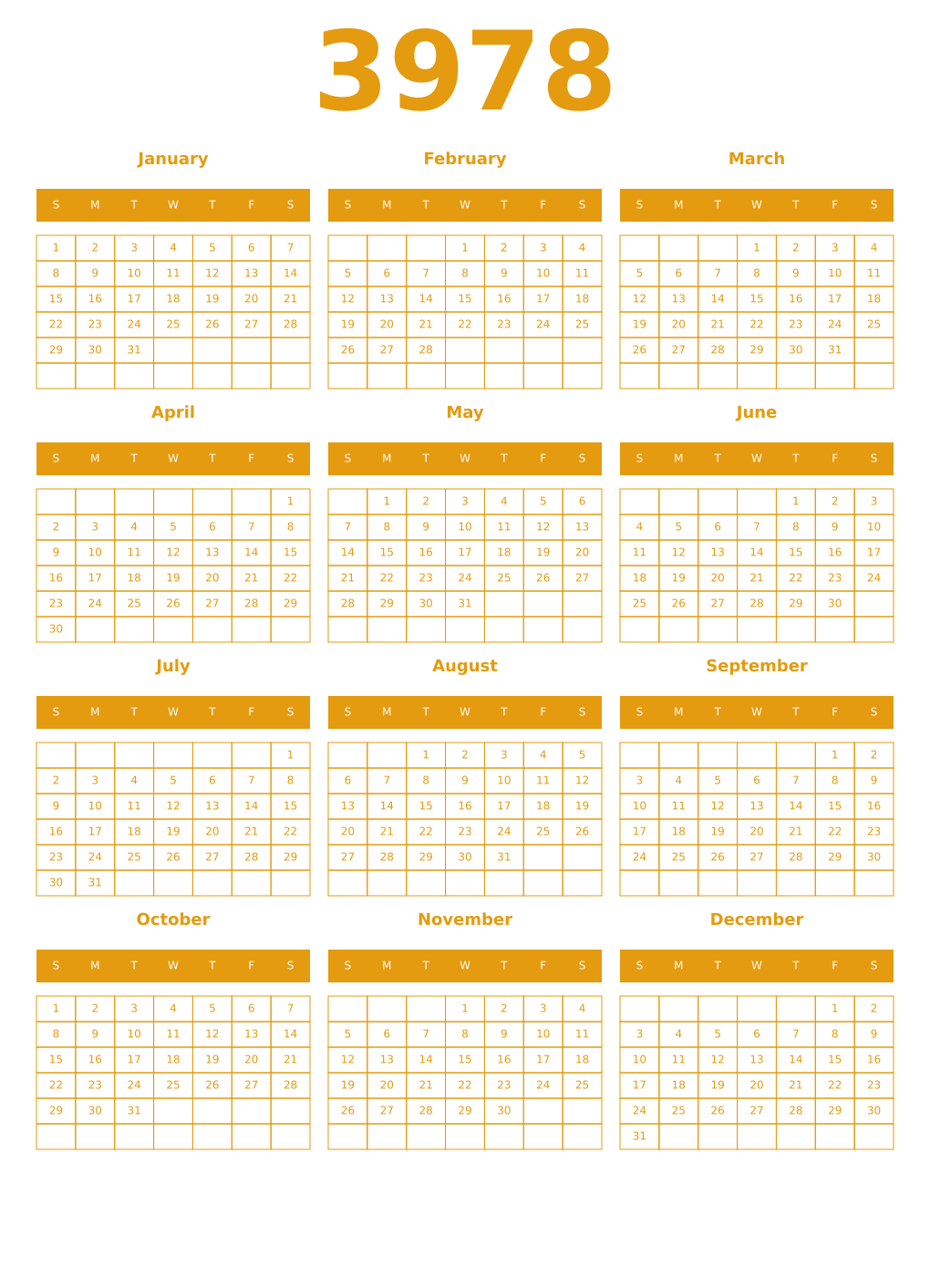 Printable 3978 Year Calendars gamboge
