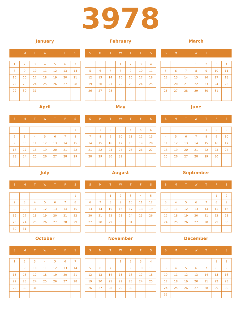 Printable 3978 Year Calendars orange