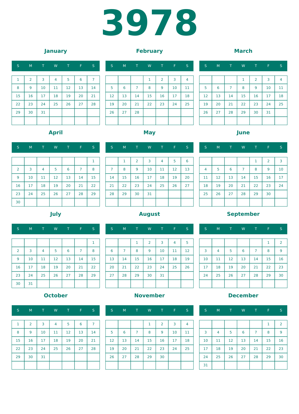 Printable 3978 Year Calendars pastel