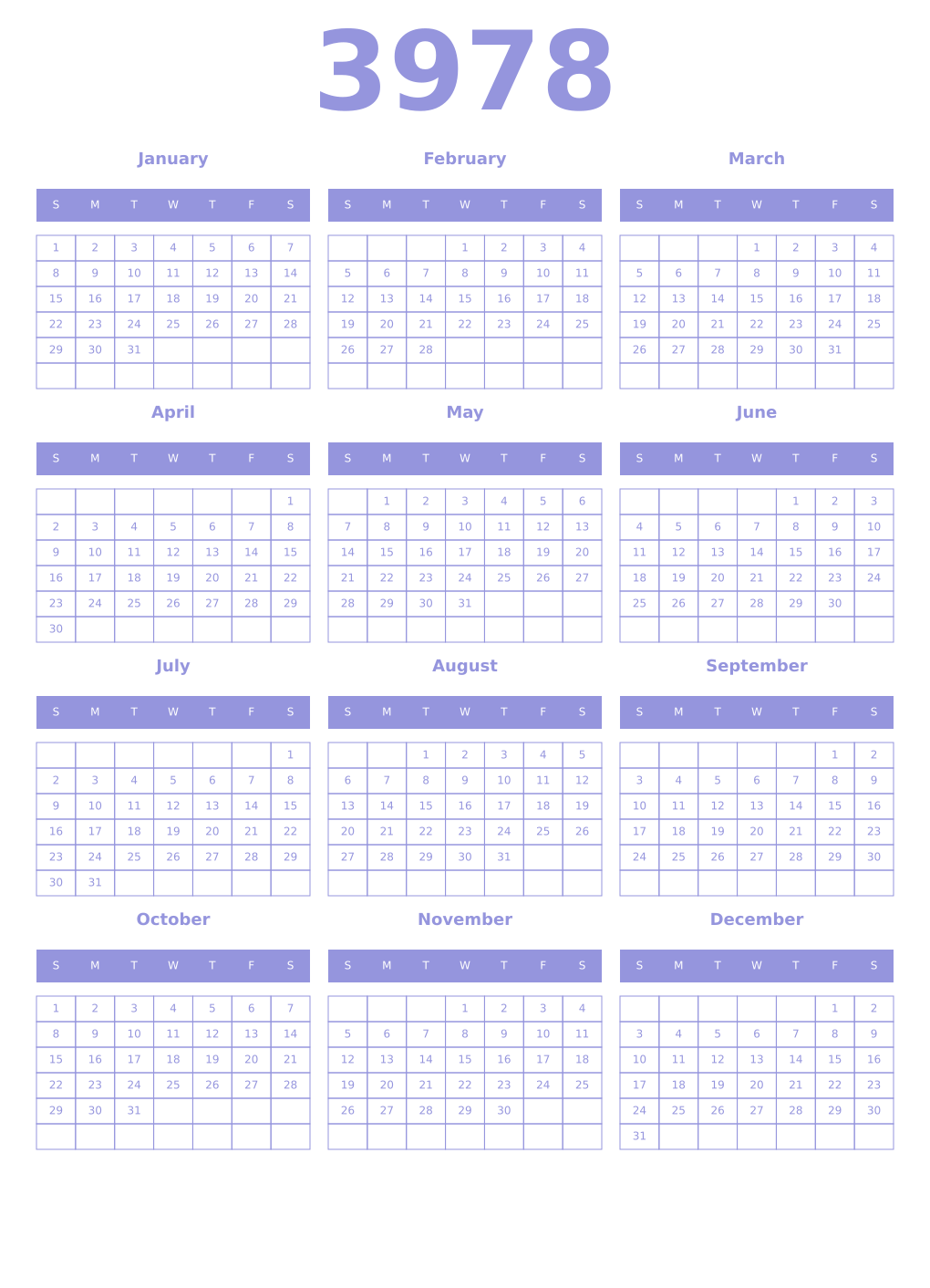 Printable 3978 Year Calendars periwinkle
