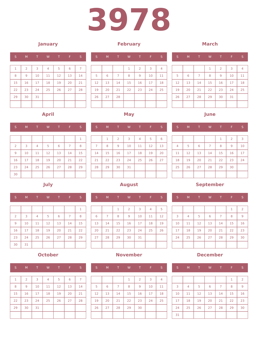 Printable 3978 Year Calendars puce