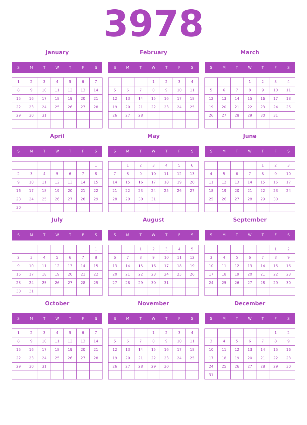 Printable 3978 Year Calendars purple