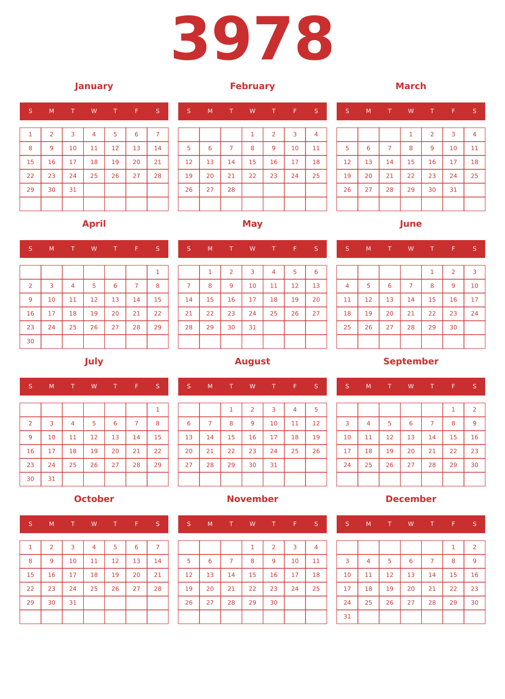 Printable 3978 Year Calendars red