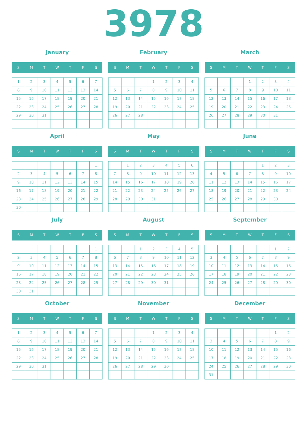 Printable 3978 Year Calendars verdigris