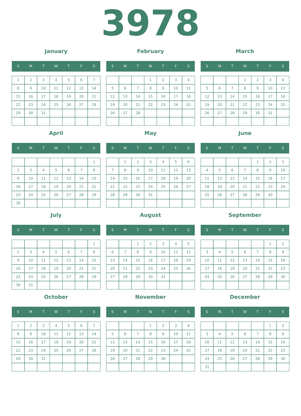 Printable 3978 Year Calendars viridian