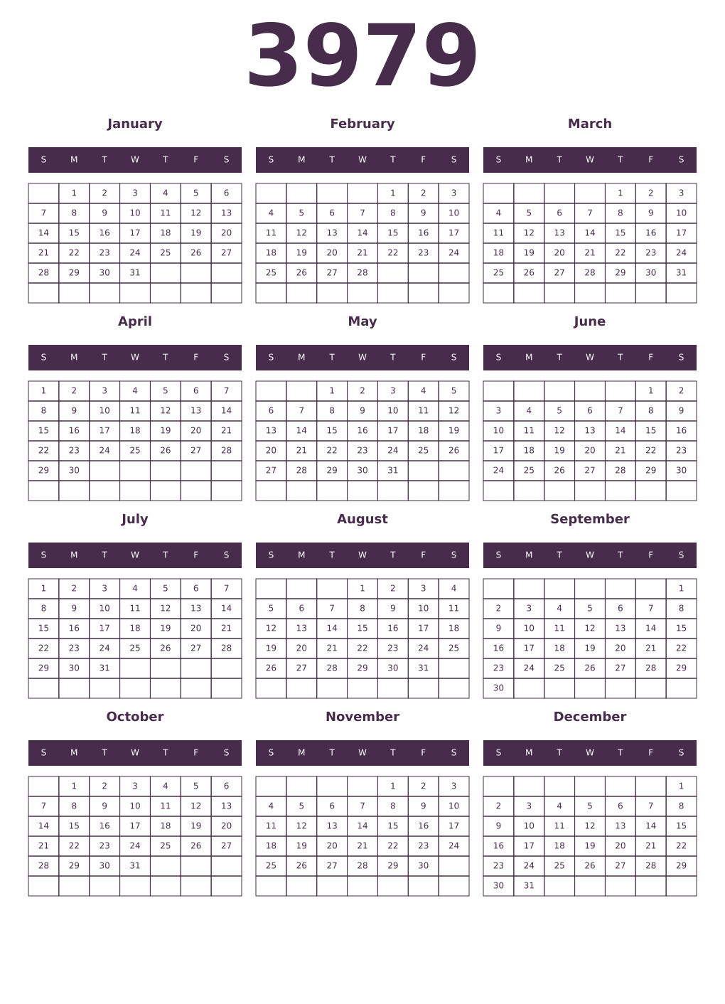 Printable 3979 Year Calendars aubergine