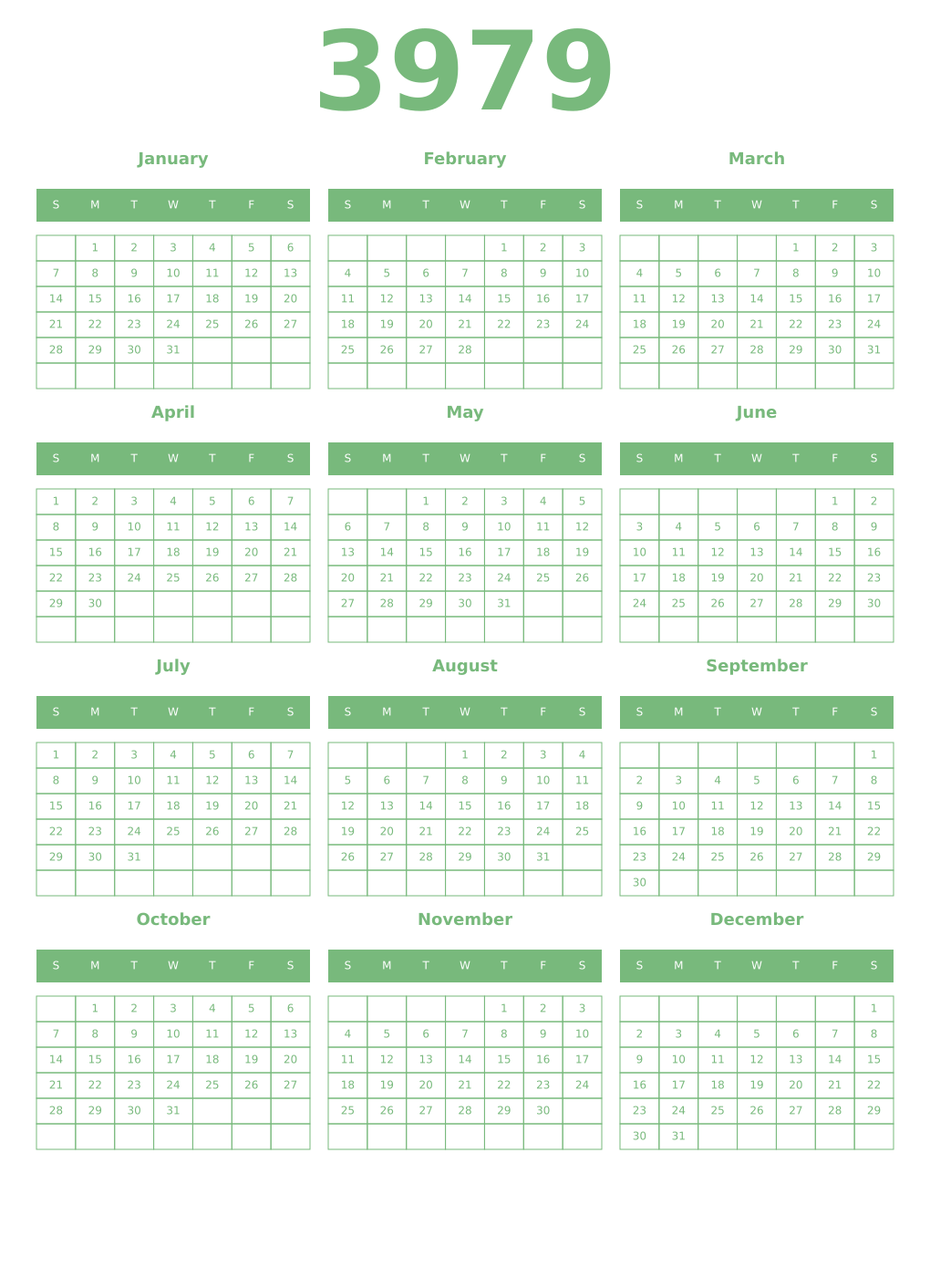 Printable 3979 Year Calendars celadon
