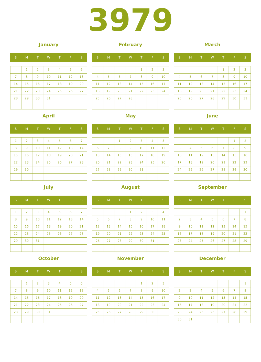 Printable 3979 Year Calendars chartreuse